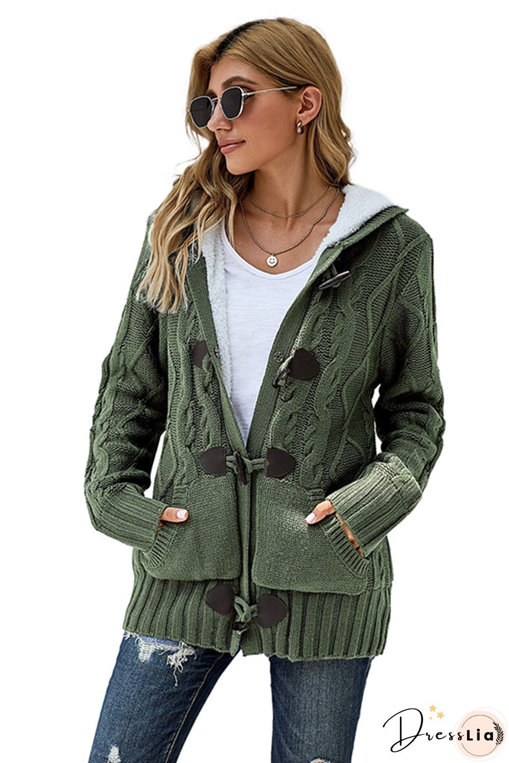Winter Army Green Fur Hood Horn Button Sweater Cardigan