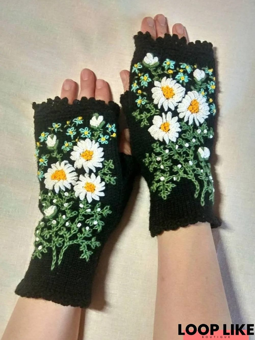 Vintage Black Casual Flower Gloves