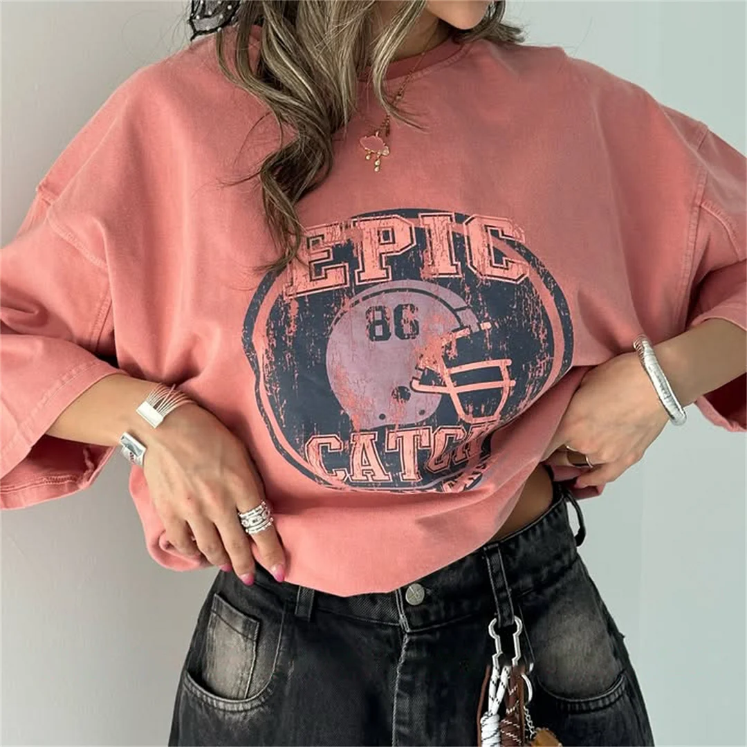 Athvotar Athvotar Street Trend Fashion To Do Old Washing Printing T-Shirt With Seven-Sleeve Top Loose Oversize Women