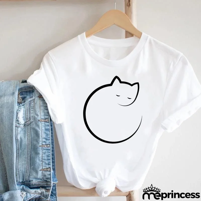 Women Loose Simple Cartoon Cat Footprint Print Round Neck Short Sleeve T-Shirt