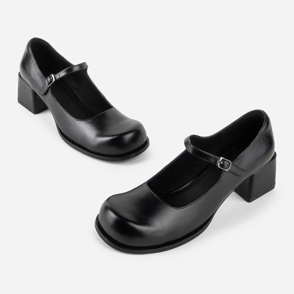 Women's Black Round Toe Mid Block Heel Mary Jane Pumps with Buckle