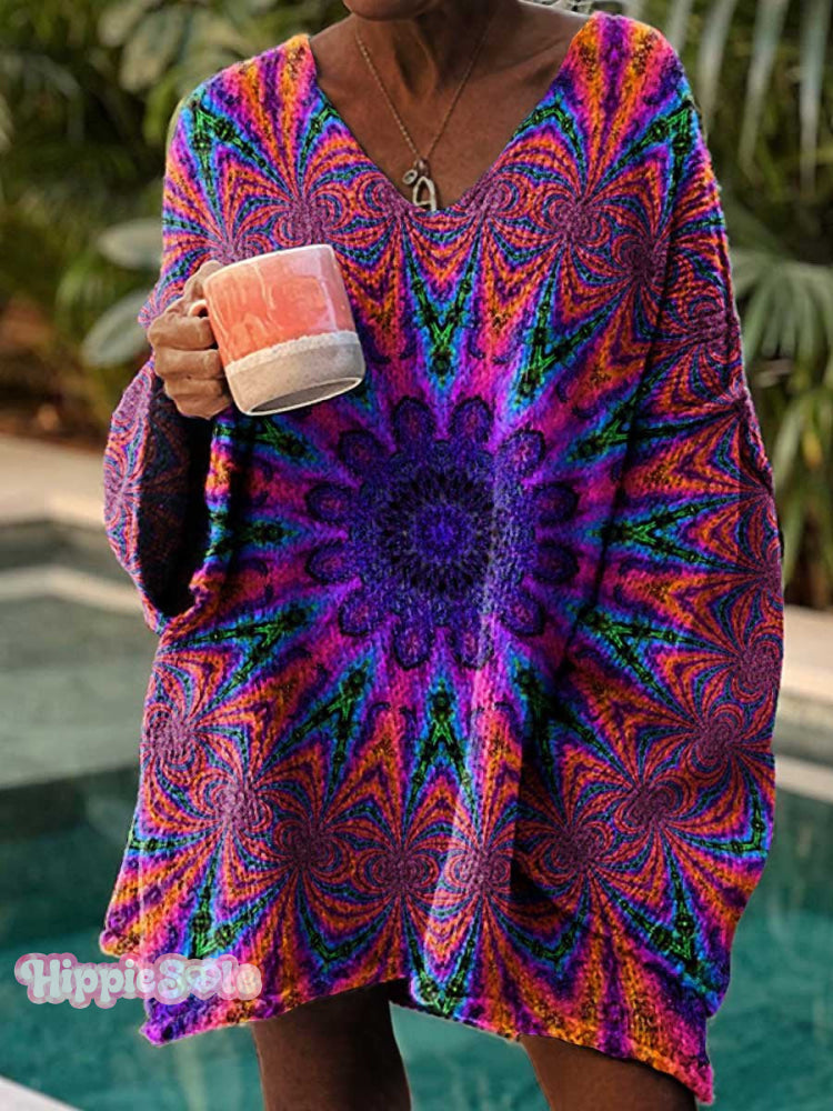 Women’s Hippie Love And Peace Print Casual Pullover Sweater Multicolor / M