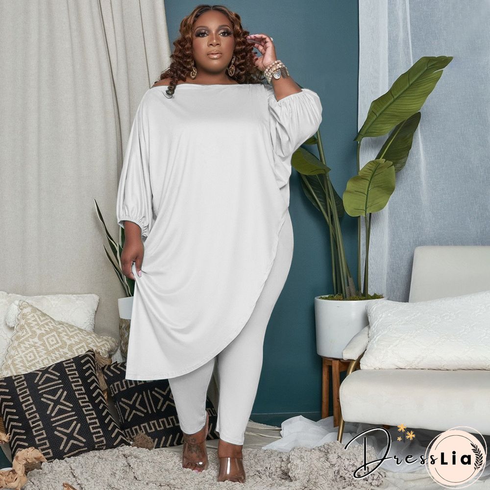 Plus Size Summer Clothes Solid Color Half Sleeve Slant Shoulder Loose Long T Shirt Top Pants 2 Piece Set