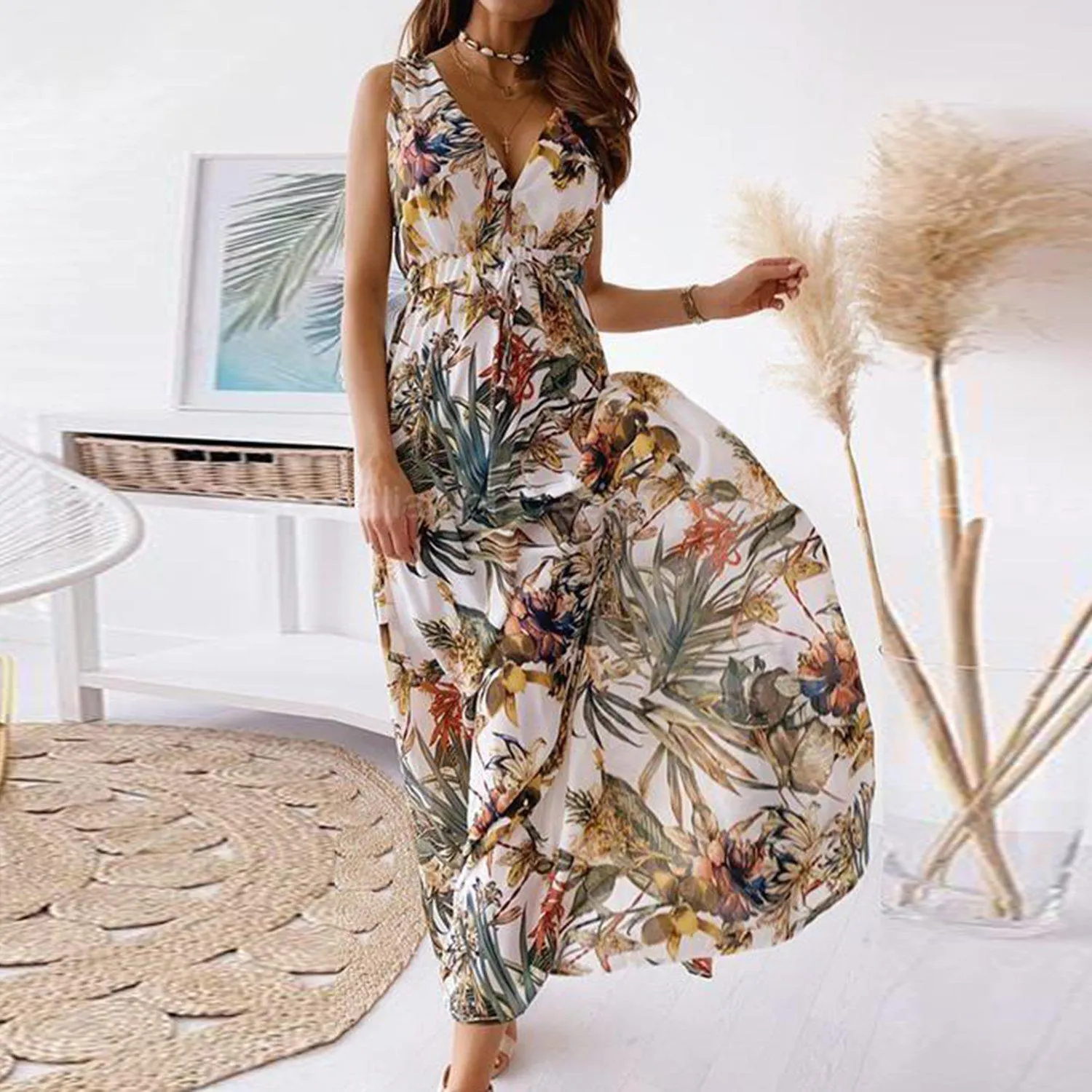 Stylish Sleeveless Print Maxi Dress-vocosishoes