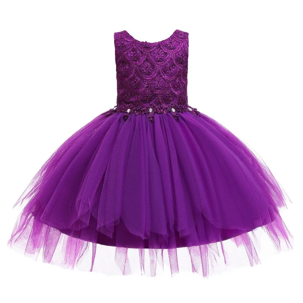 Big Bow Lovely Breathable Princess Kid Dresses For Girl Pink Beaded Layered Tulle Flower Dress Child of 2-10 Year