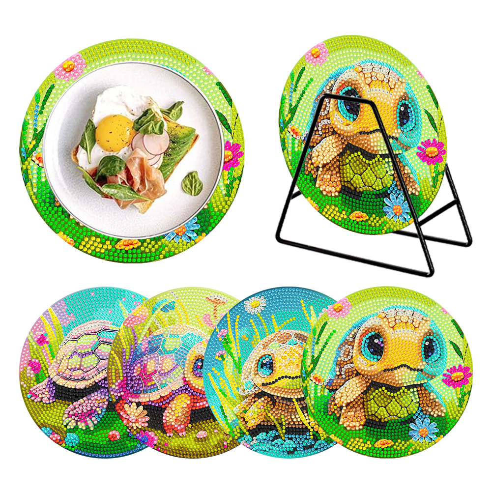 4Pcs Wooden Diamond Painting Placemats Round Diamond Art Table Mats (Turtle)
