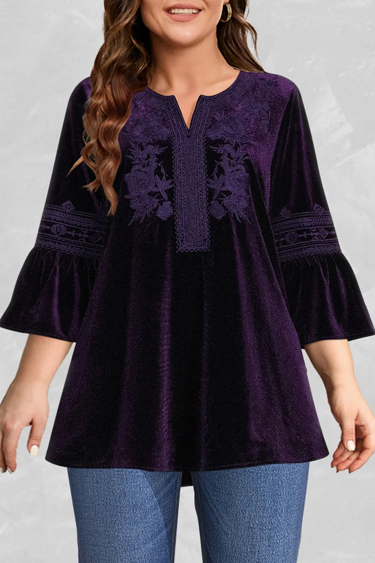 Flycurvy Plus Size Casual Dark Purple Floral Print Flare 3/4 Sleeve Blouse  Flycurvy [product_label]
