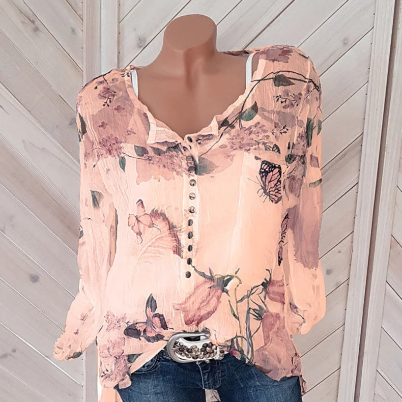 V-neck button long sleeve printed chiffon top