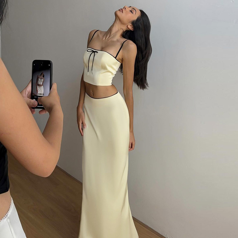 Ootddress Women's Solid Color Slim Fit With Exposed Navel Set Suspender Vest High Waisted Skirt Lady New Fashion Party Clothing 2025
