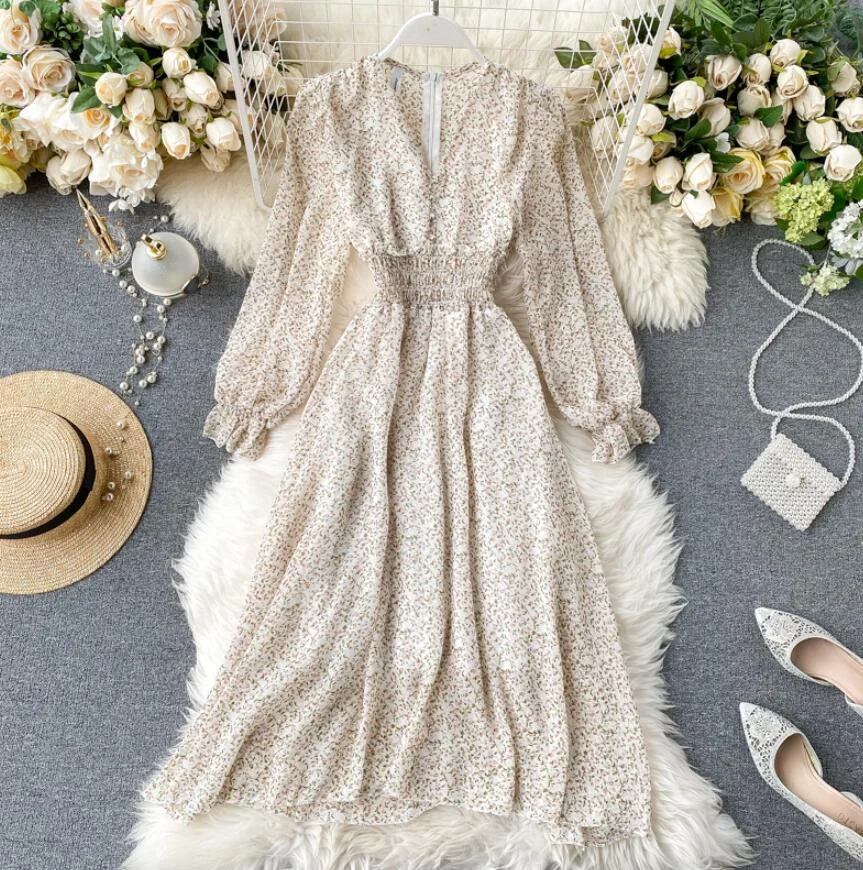 Floral elegant Women Dress Vintage Long sleeve V-neck Print Chiffon Dresses 2020 Spring summer Elastic waist Long Dress Vestidos