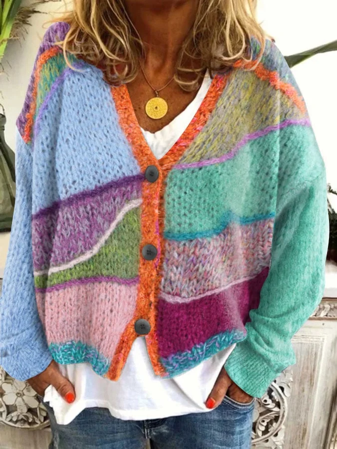 Women's Colorful Geometric French Cashmere Knitted Cardigan