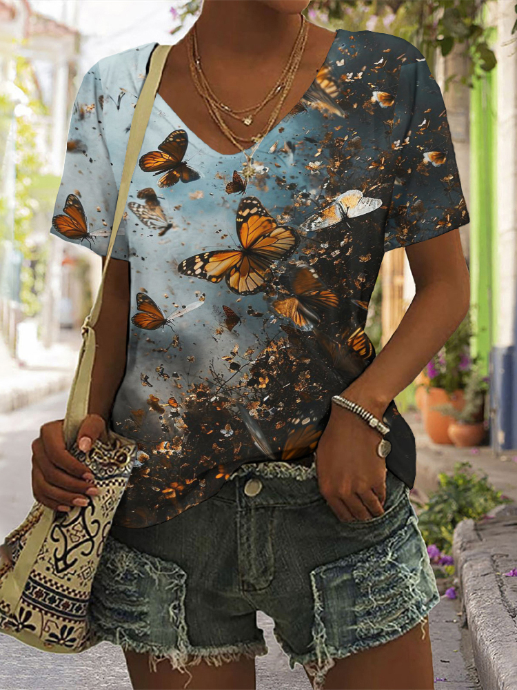Comstylish Butterfly Print V-Neck Short Sleeved T-Shirt