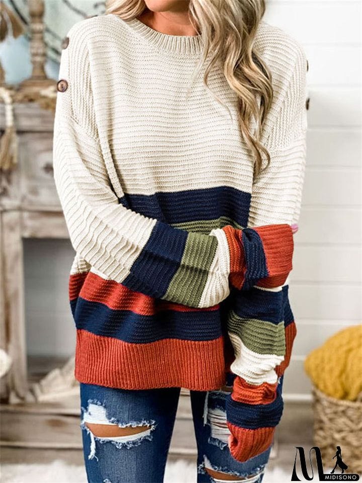 MidiSono - Womens Contrast Color Stripe Round Neck Loose Fashion Warm Sweaters