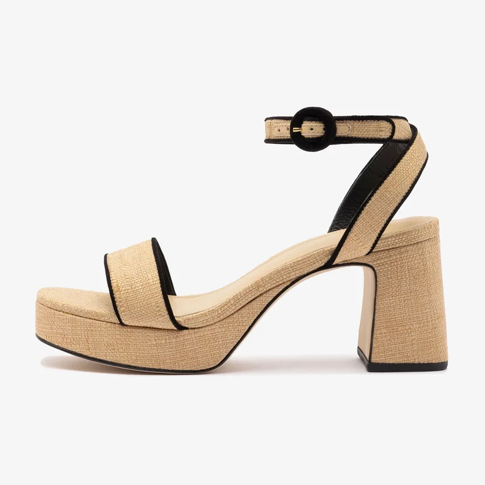Beige Raffia Ankle Strap Block Heel Platform Sandals with Buckle