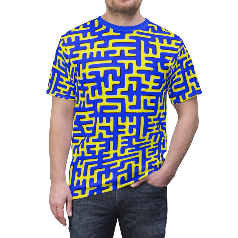 Optical Illusion Shirt Trippy Sick Twisted Vertigo Dizzy Motion Maze (True Blue/Electric Yellow) - Unisex AOP T-Shirt Tee