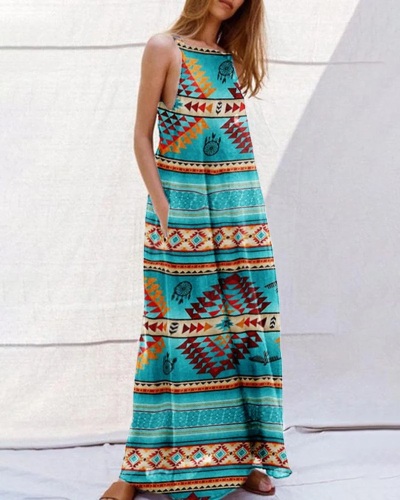 Casual Resort Crew Neck Print Sleeveless Dress