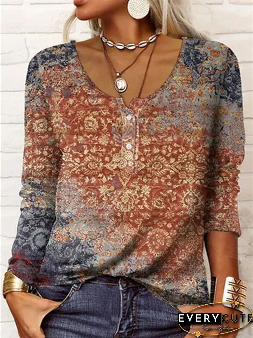 Sleeve Button Women Printed U-Neck Long Sleeve Buttons Tops