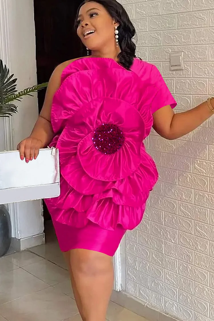 Pleated 3D Flower Decor One Shoulder Single Short Sleeve Formal Party Mini Dresses