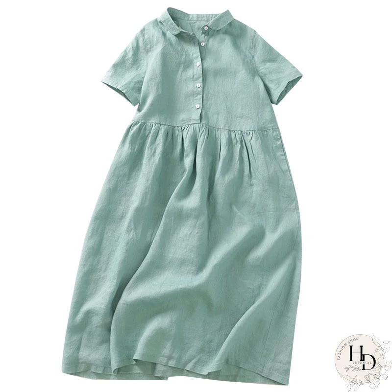 Solid Button Front Lapel Short Sleeve Women Dress