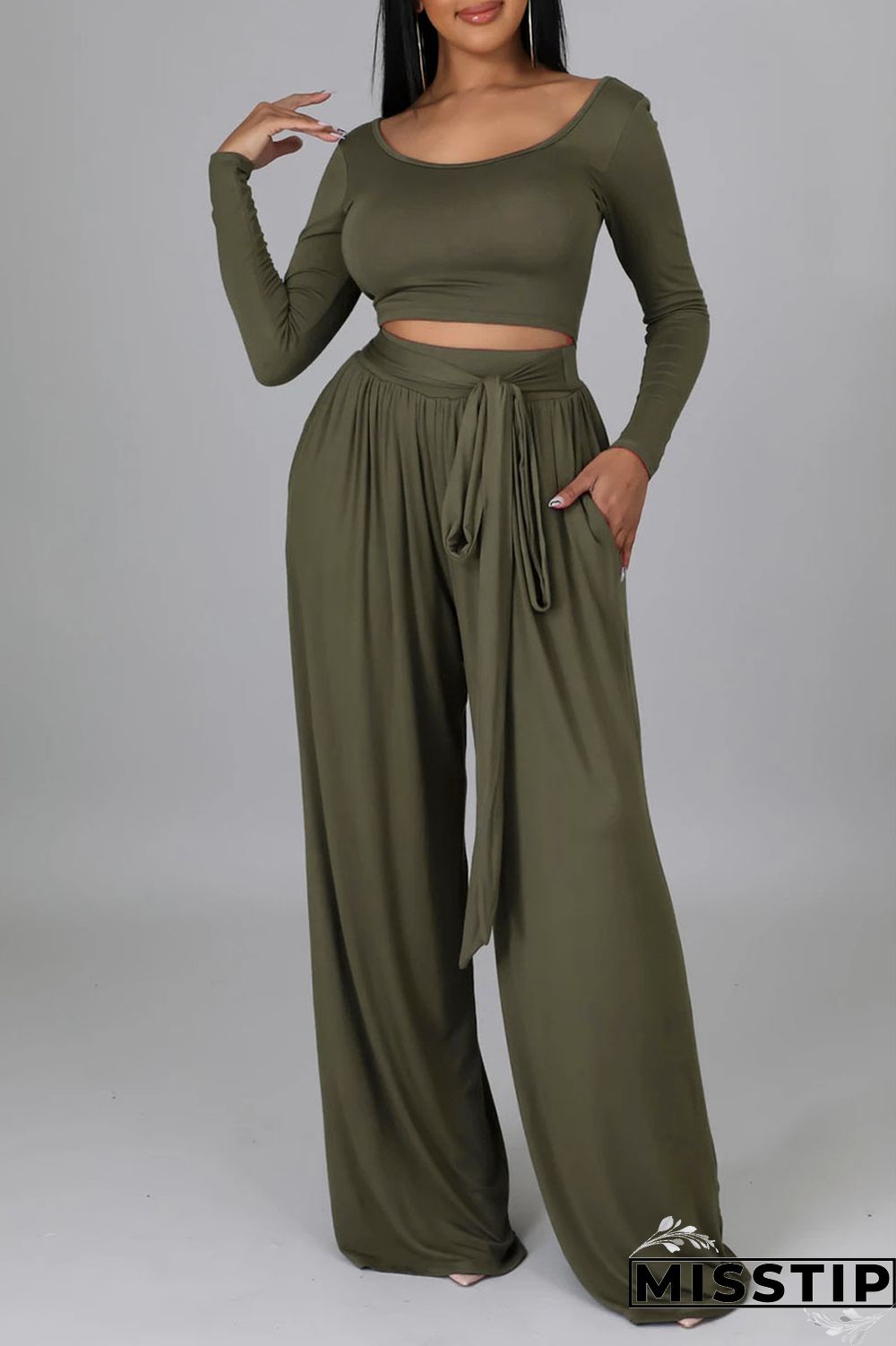 Dark Khaki Casual Elegant Solid Bandage Patchwork U Neck Long Sleeve Two Pieces