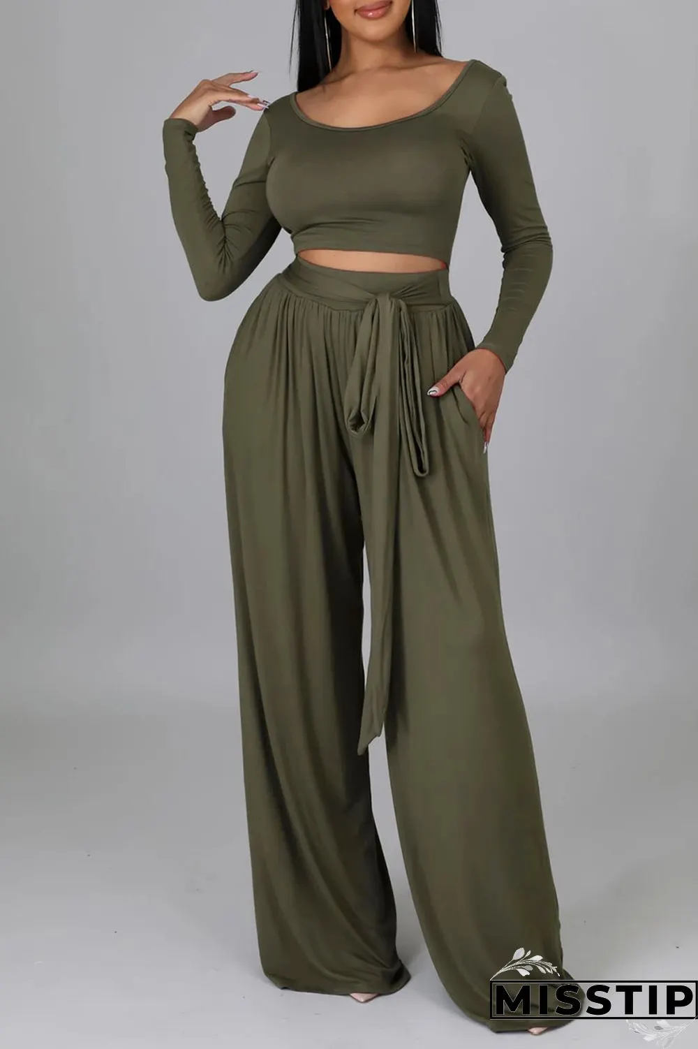 Dark Khaki Casual Elegant Solid Bandage Patchwork U Neck Long Sleeve Two Pieces