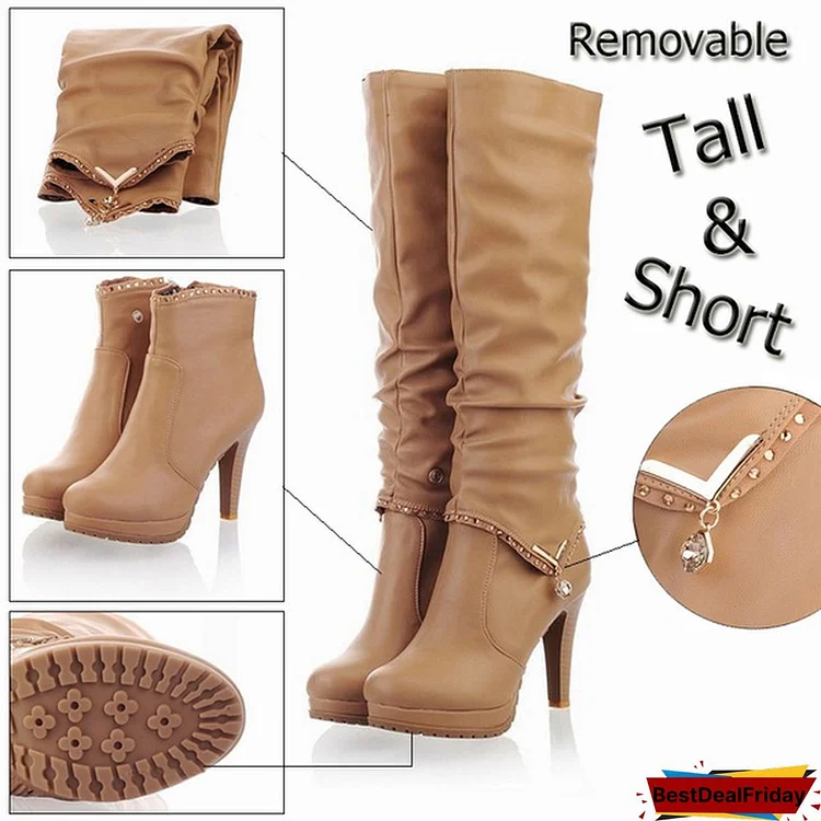 Women Motorcycle Boots Two Way Wear High Heels Soft Leather Shoes Warm Winter Knee High Boots