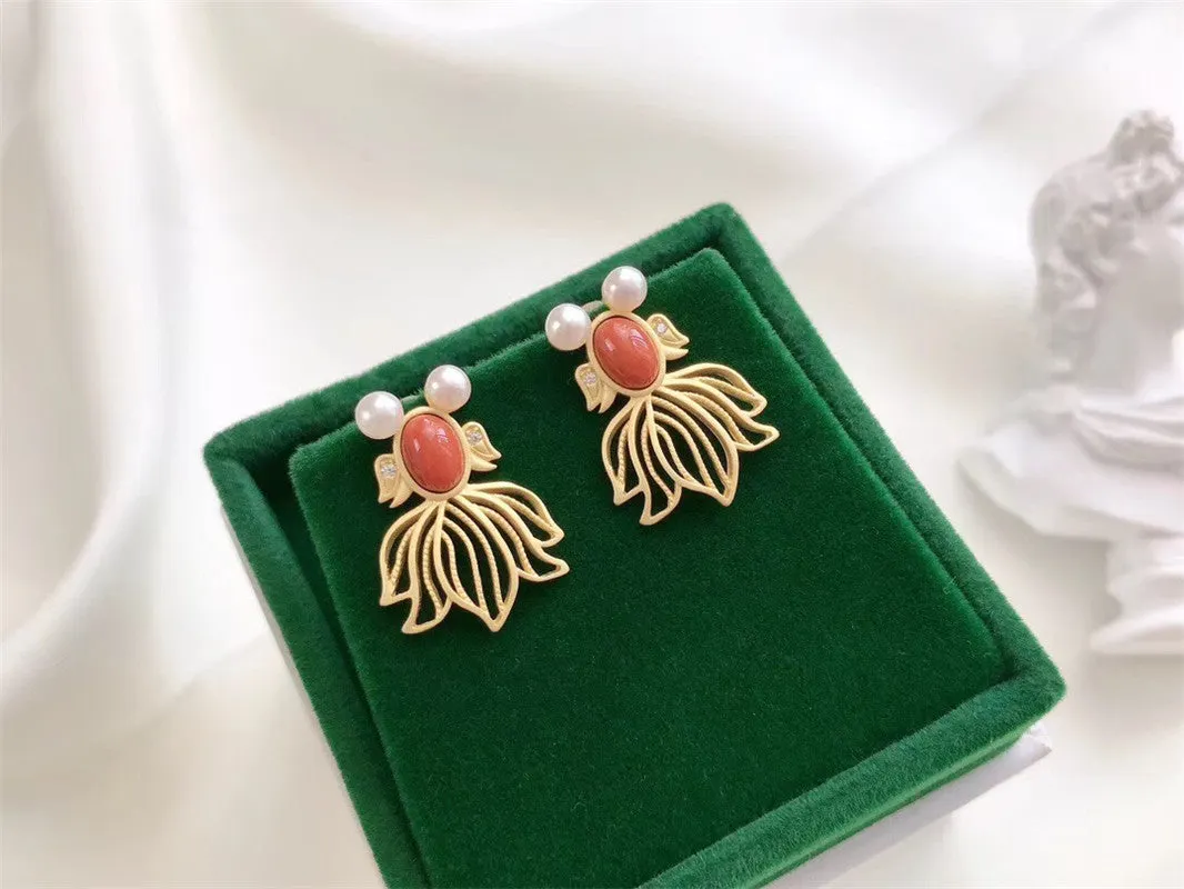 Cute Goldfish Red Agate Pearl Lucky Chain Necklace Earrings Set