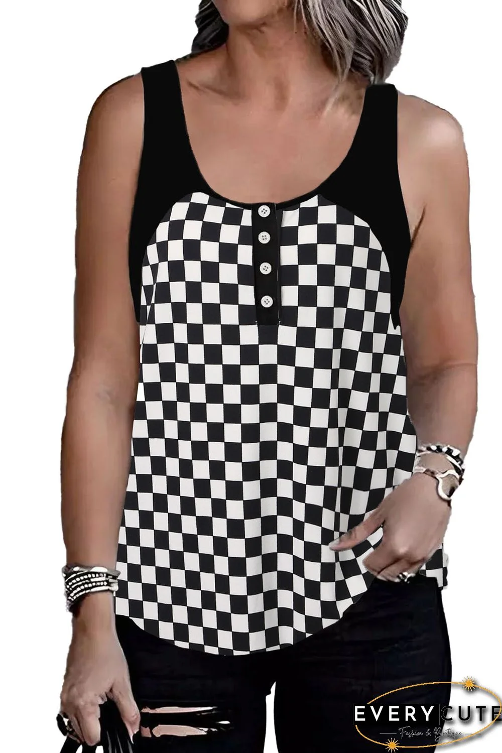 Black Plaid Patchwork Buttoned U Neck Tank Top