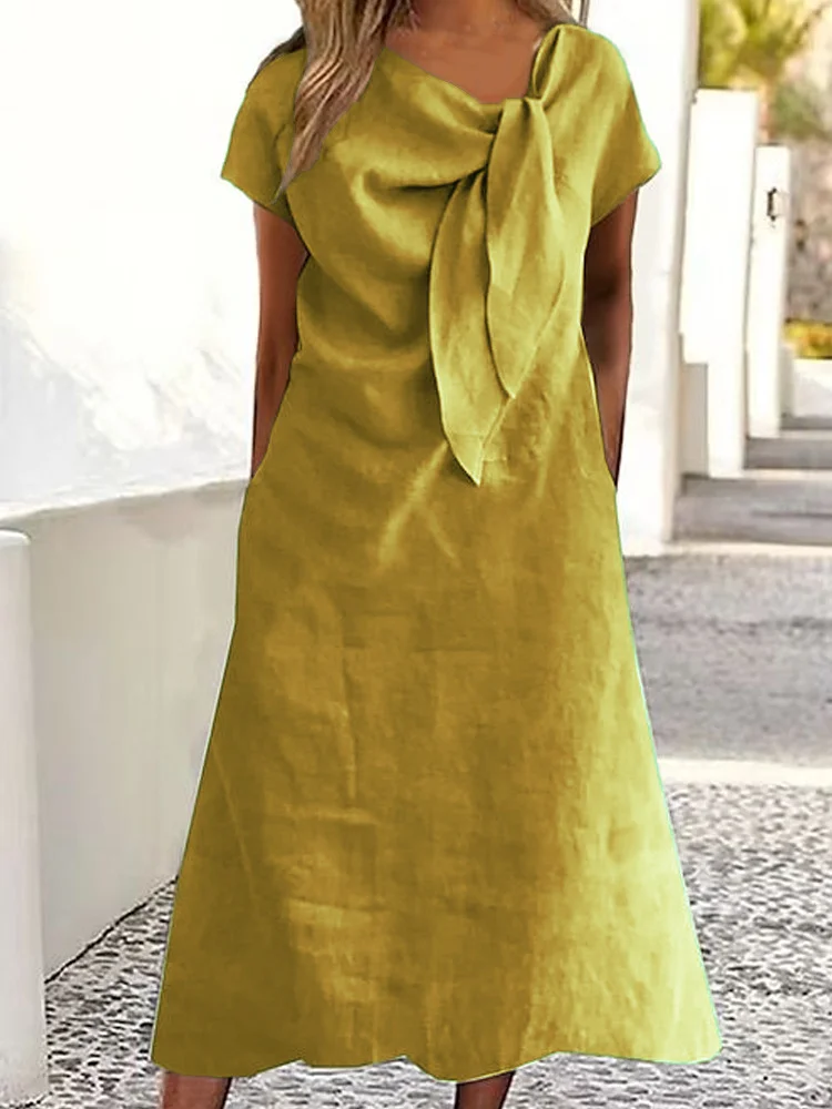 Women's Casual Round Neck Short Sleeve Pocket Cotton Linen Midi Dress