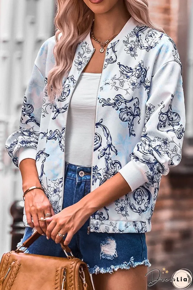 Floral Print Zipper Jacket Coat