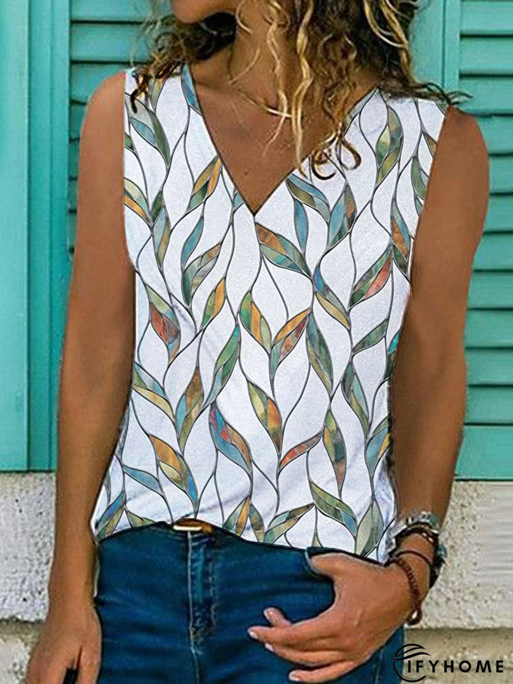 Geometric Sleeveless Printed Cotton-blend V neck Vintage Summer White Top | IFYHOME