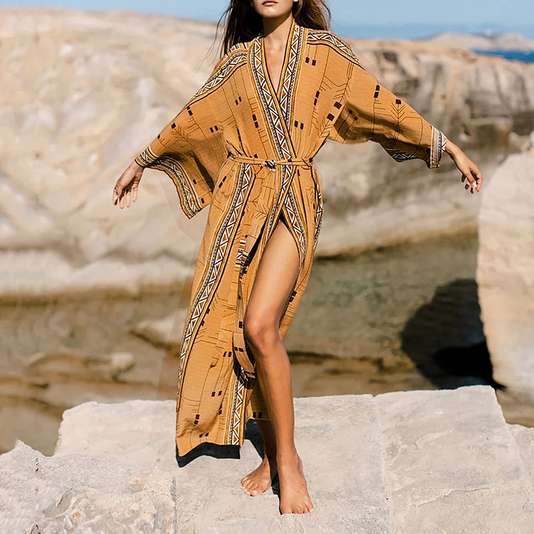 VChics Boho Geometric Print Long Sleeve Kimono Duster