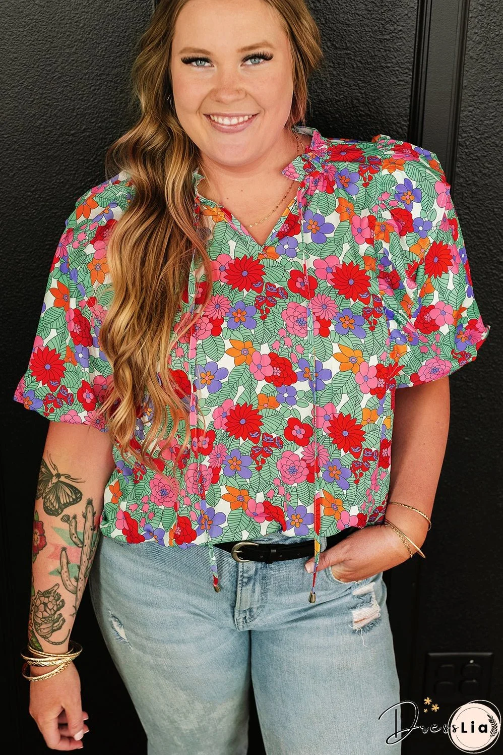 Multicolour Plus Size Floral Print Ruffle V Neck Bubble Sleeve Blouse
