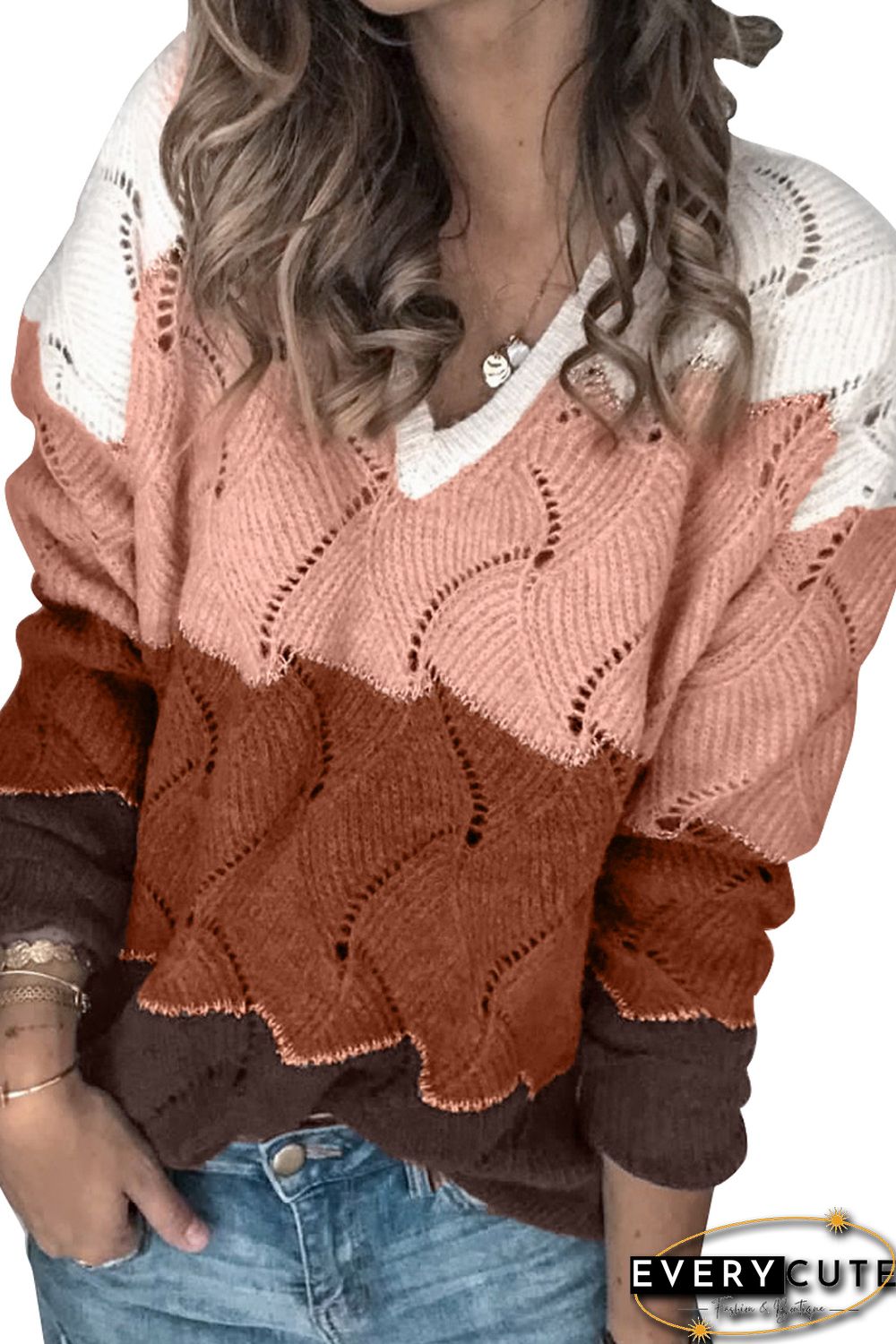 White V Neck Colorblock Textured Knit Sweater