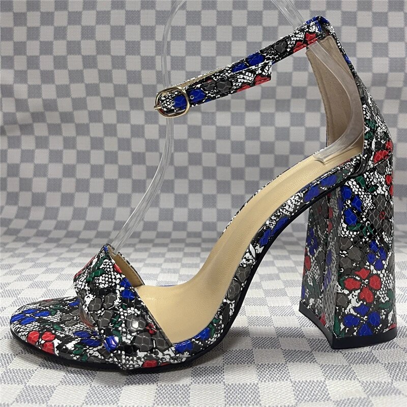 VCSHOES Serpentine Print One-Strap Sandals Women Chunky Heel Concise Style Open Toe Shoes For Girls