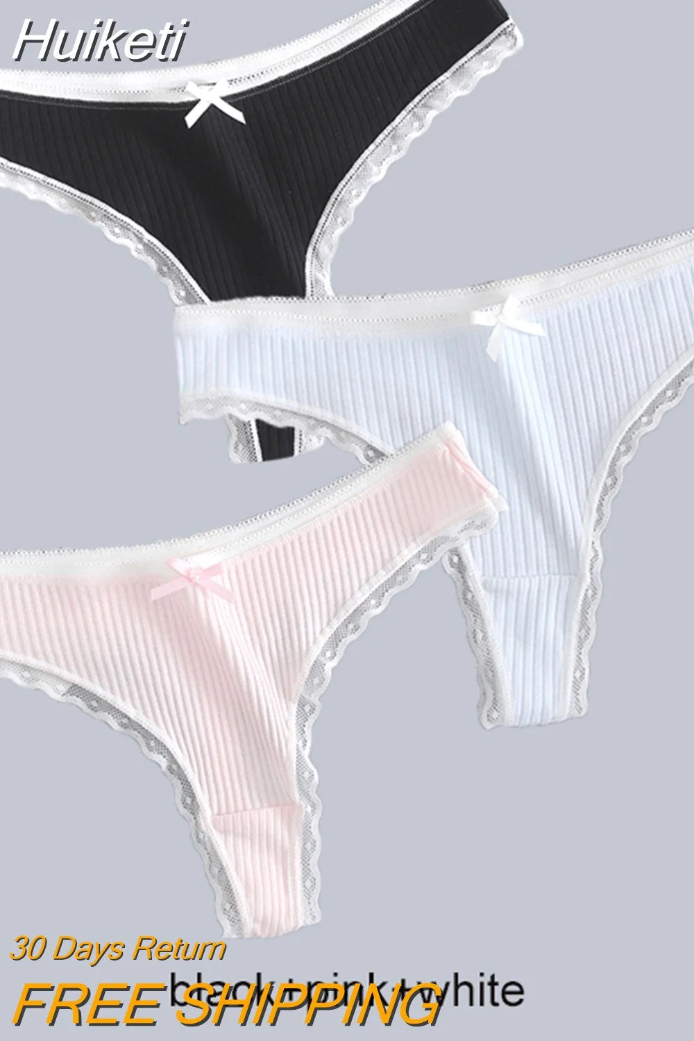 Huiketi Women G-String Fashion Lace Edge Thong Sexy Cotton Panties Ladies Soft Lingerie Solid Low Rise Underwear
