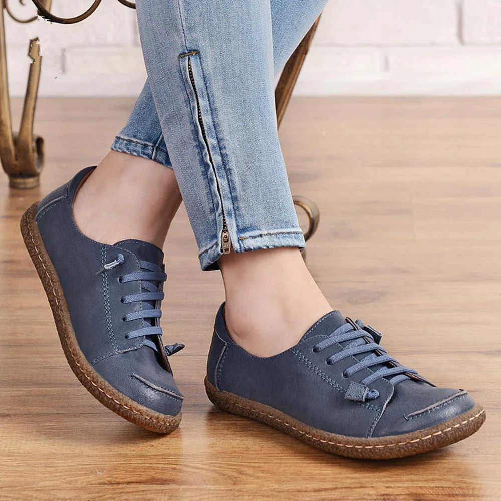 Women Handmade Leather Lace Up Flats Round Toe Brown/Blue