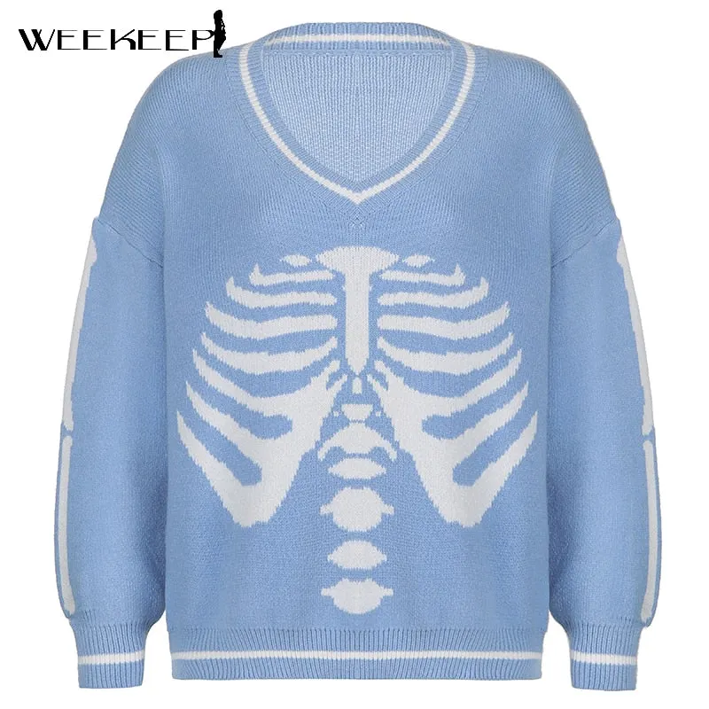 Weekeep Y2K Chic Print Streetwear Oversized Sweater Women's Casual Autumn Winter Knitted Jumper Fashion Loose Knitwear Pullovers