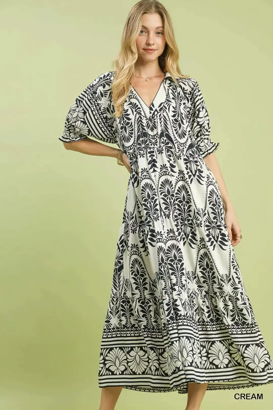 Umgee Two tone Border Print Midi Dress mysite idetrend