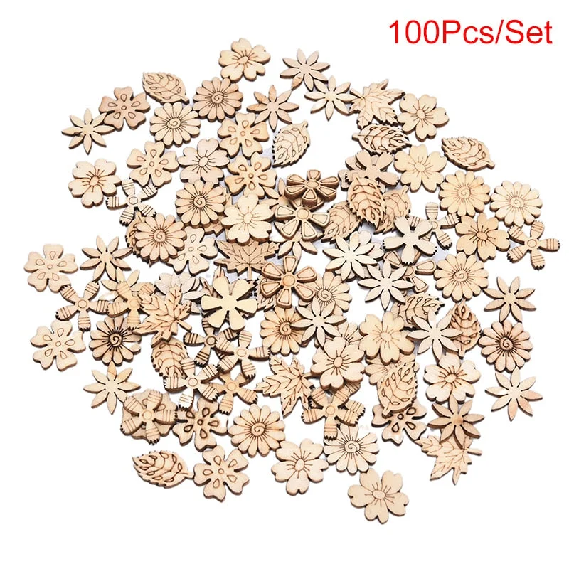 100pcs/Bag Mix Wooden Pieces Creative Flower Leaves Cutouts Slice For DIY Wooden Art Decoration Home Party Doodle Scrapbooking