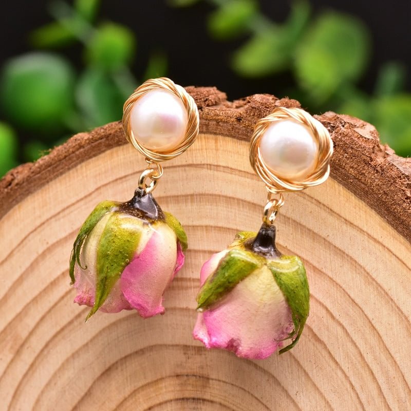 S925 Silver Natural Freshwater Pearl Rose Earrings