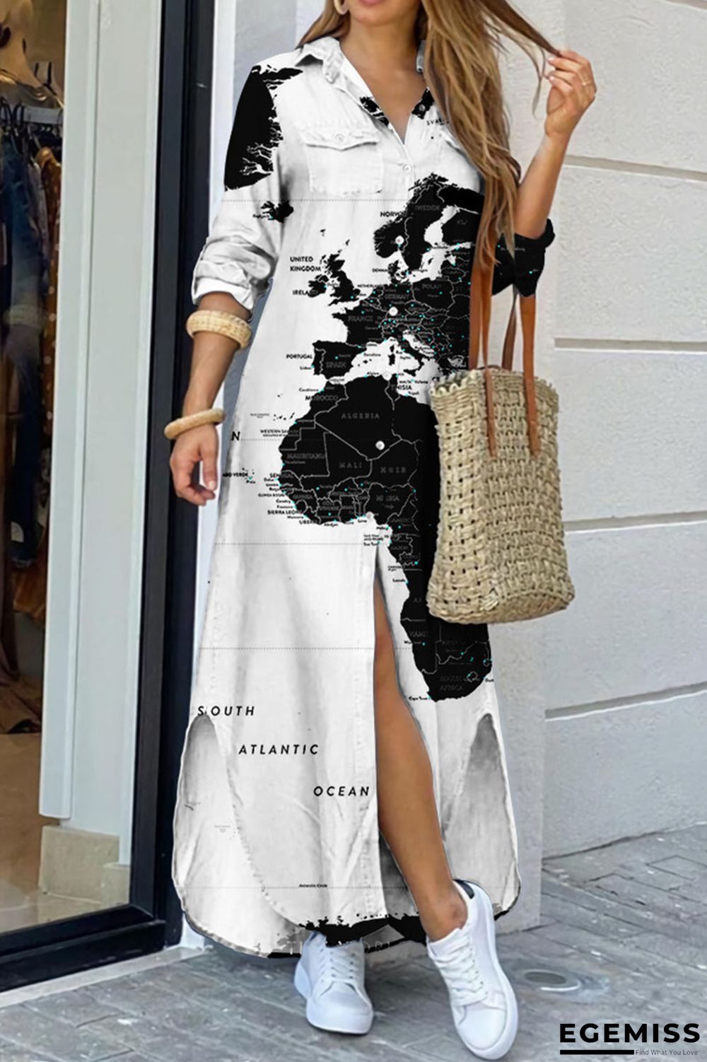 White Casual Print Patchwork Buckle Turndown Collar Shirt Dress Dresses | EGEMISS