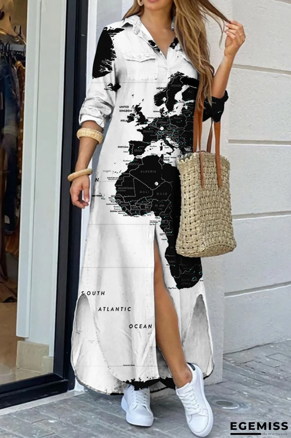 White Casual Print Patchwork Buckle Turndown Collar Shirt Dress Dresses | EGEMISS