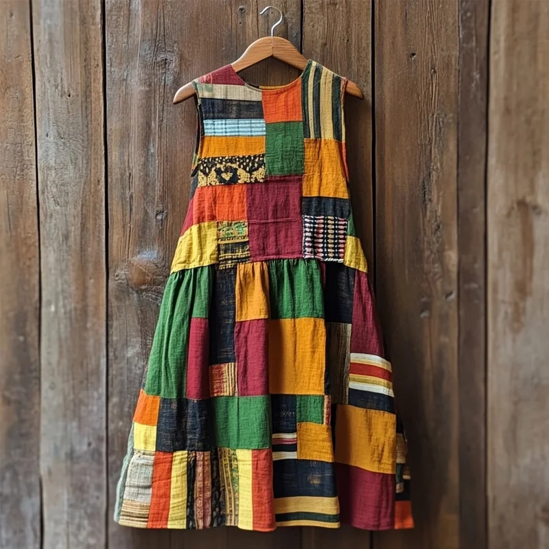 Vintage African Ethnic Patchwork Pattern Linen Midi Dress