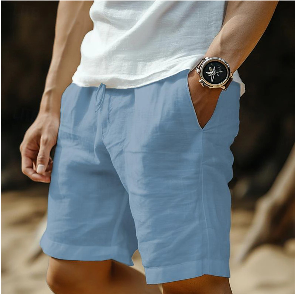 Men's Striped Drawstring Elastic Waist Cotton and Linen Beach Casual Shorts