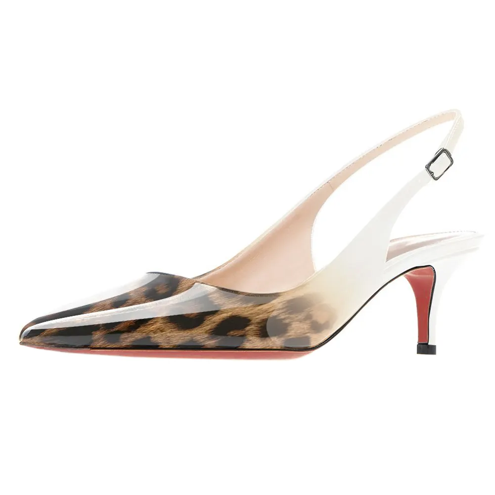 Women's Pointed Toe Slingback Shoes Kitten Heel Pumps Comfortable Dress Gradient White Leopard Shoes-vocosishoes