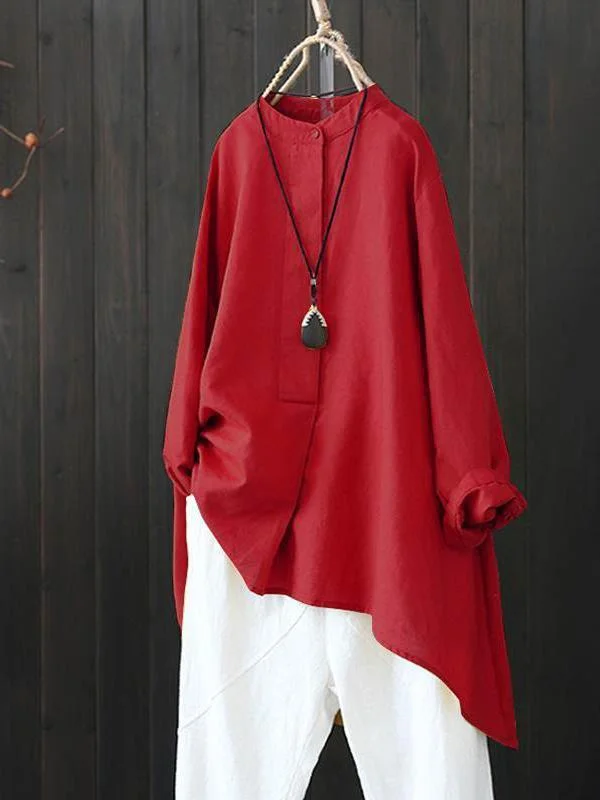 Plus Size Women's Solid Color Casual Irregular Hem Loose Cotton And Linen Shirt-Mayoulove
