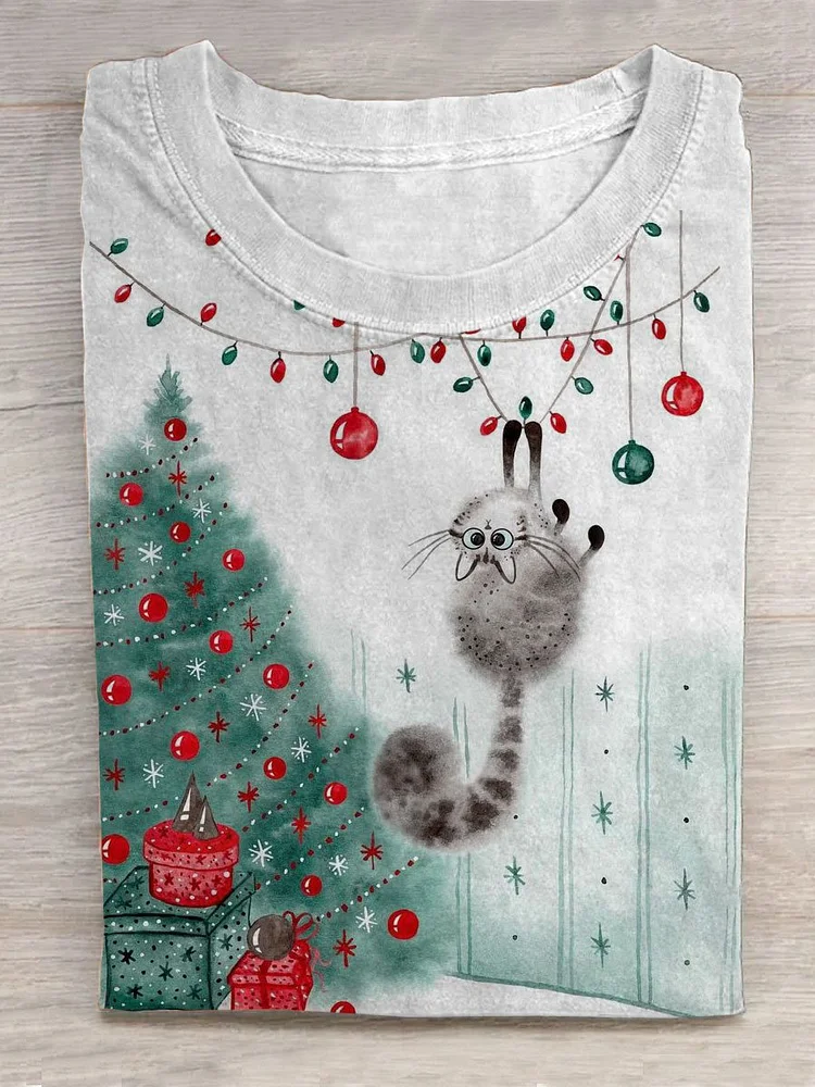Women's Funny Cat Christmas Print T-shirt
