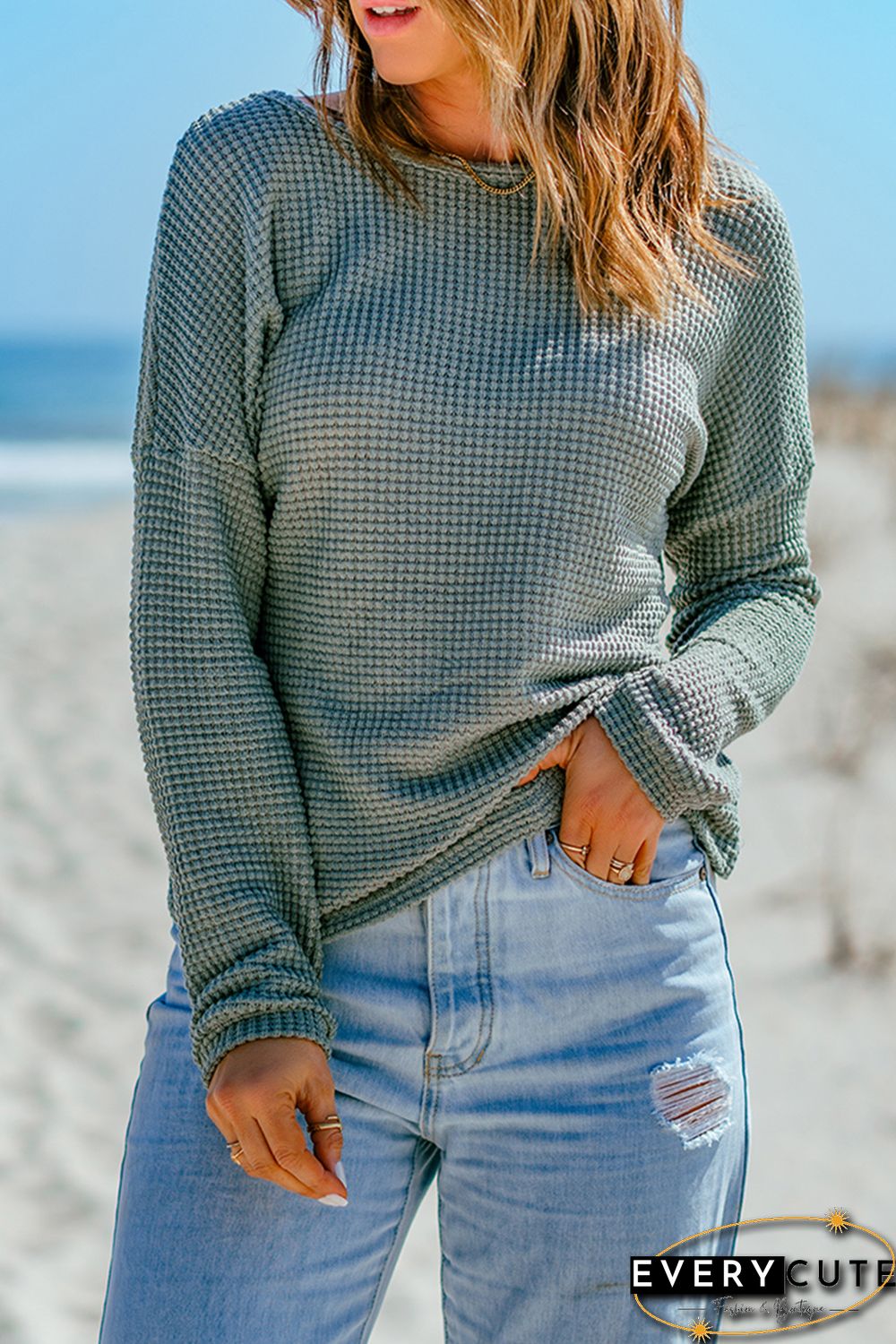 Green Waffle Knit Drop Shoulder Long Sleeve Top