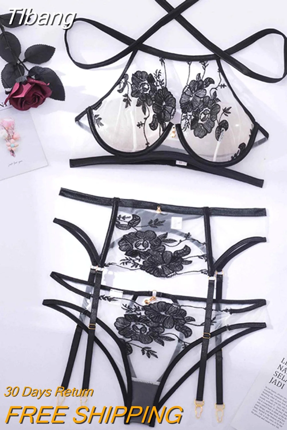 Tlbang Lingeries Lace Underwear 3-Pieces Sensual Erotic Sets Embroidery Transparent Halter Bra Cut Out Panties Intimate Set